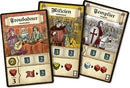 Three colorful game cards from the Asmodee game Troyes, featuring a Troubadour, a Milicien, and a Templier. Each card displays unique artwork with character illustrations and numbers at the bottom, indicating gameplay stats.