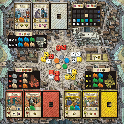 Troyes board game by Asmodee featuring a vibrant game board with various player boards, dice, tokens, and cards illustrating medieval characters and resources. The layout showcases strategic gameplay with multiple paths to victory, inviting players to engage in a thrilling experience.