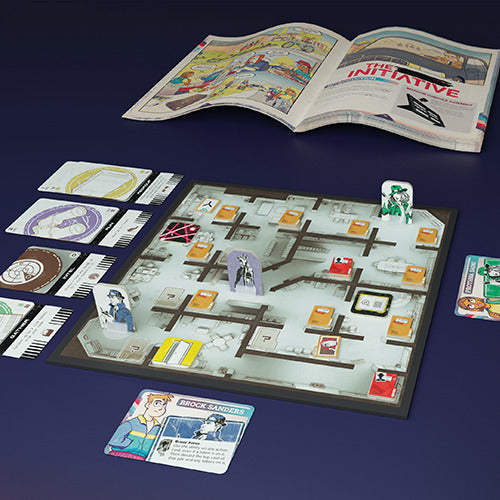 The Initiative game by Unexpected Games displayed on a dark surface. The game board shows a grid layout with various character pieces and tokens. A colorful booklet titled 'The Initiative' lies open, providing game instructions. Several character cards and action tokens are placed on the side, showcasing the interactive nature of the game.