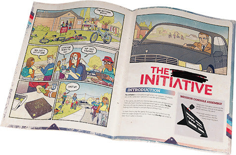 The Initiative game by Unexpected Games displayed open, showcasing colorful comic-style illustrations and instructions. The page features characters engaging in various activities, creating an immersive narrative and gameplay experience.