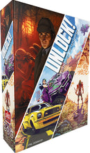 Unlock! Legendary Adventures game box featuring vibrant artwork. The left side depicts a detective in a shadowy forest, while the right side showcases various thrilling scenes including a yellow car, a futuristic vehicle, and a stylish female character amid an adventurous landscape.
