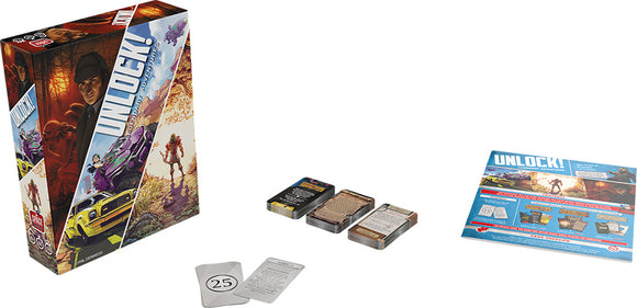 Unlock! Legendary Adventures board game by Space Cowboys, featuring an elaborately designed box with adventure themes. The contents include numerous cards, a rule guide, and additional game materials, inviting players to embark on thrilling escape room experiences.