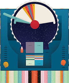 The Wavelength game by Palm Court features a colorful game board with a round dial displaying multiple colors and a starry background. The board is surrounded by vibrant stripes and includes various game components, inviting players to engage in strategic fun and creative thought.