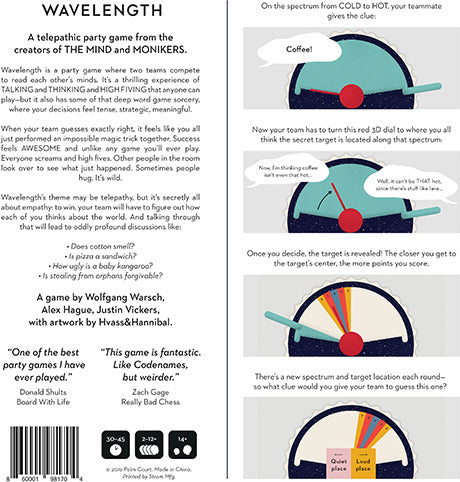 Wavelength, a party game by Palm Court, features a colorful design with a dial that players use to guess a secret target on a spectrum from cold to hot. The back of the game box displays illustrations and text explaining the gameplay mechanics, offering a glimpse into the interactive and strategic nature of this social guessing game. Ideal for gatherings, it emphasizes teamwork and communication skills.