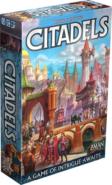 Citadels Revised Edition board game box featuring vibrant artwork depicting a fantasy city with various characters including nobles, warriors, and a castle. The title 'Citadels' is prominently displayed along with the subtitle 'A Game of Intrigue Awaits.' Produced by Z-Man Games.