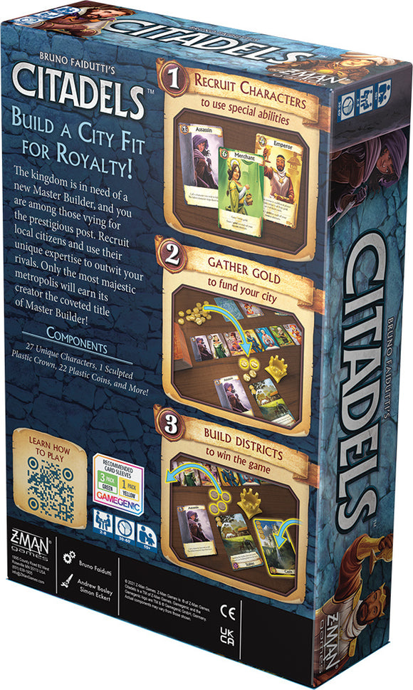 Citadels Revised Edition game box by Z-Man. Features vibrant artwork and instructions for gameplay. Includes unique characters, strategic building, and colorful components such as plastic coins and a crown.
