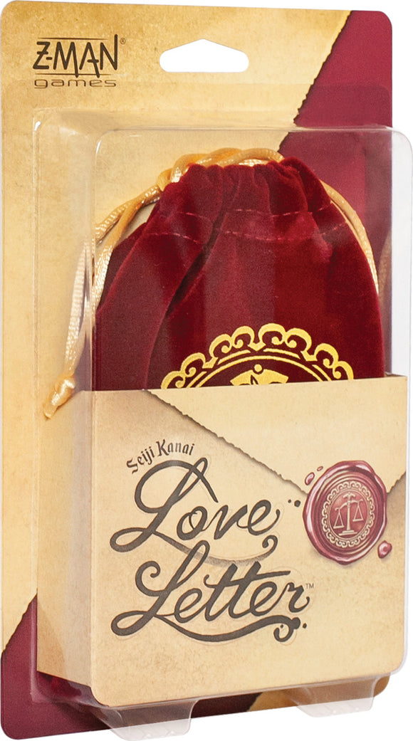 A close-up view of the Love Letter game by Z-Man Games, featuring an elegant packaging design with a velvet pouch and a wax seal emblem. The title 'Love Letter' is artistically displayed, emphasizing a romantic card game about strategy and intrigue.
