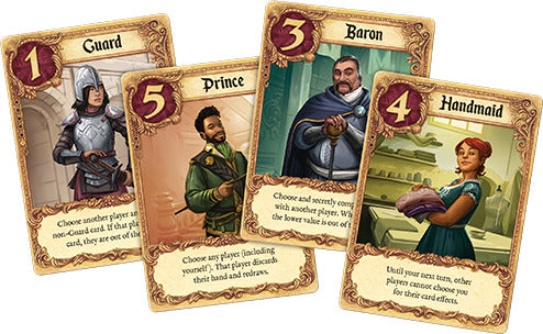 A collection of four game cards from the game 'Love Letter' by Z-Man Games. The cards include the Guard, Prince, Baron, and Handmaid, each with unique artwork and game instructions. The Guard card features a knight in armor, the Prince card depicts a young man, the Baron card shows a regal figure, and the Handmaid card illustrates a woman holding a basket, all surrounded by ornate borders.