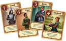 A collection of four game cards from the game 'Love Letter' by Z-Man Games. The cards include the Guard, Prince, Baron, and Handmaid, each with unique artwork and game instructions. The Guard card features a knight in armor, the Prince card depicts a young man, the Baron card shows a regal figure, and the Handmaid card illustrates a woman holding a basket, all surrounded by ornate borders.