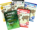 A collection of Pandemic game cards from Z-Man Games featuring maps of major cities worldwide, including Mexico City, Karachi, Atlanta, and Taipei. The cards display focused content such as infection rates and actions to combat epidemics, designed for strategic gameplay.