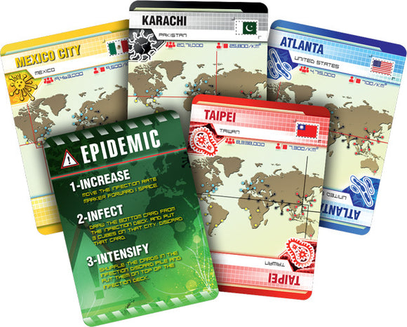 A collection of Pandemic game cards from Z-Man Games featuring maps of major cities worldwide, including Mexico City, Karachi, Atlanta, and Taipei. The cards display focused content such as infection rates and actions to combat epidemics, designed for strategic gameplay.
