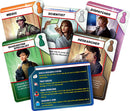 Pandemic board game components featuring character cards: Medic, Scientist, Dispatcher, Quarantine Specialist, and Researcher. Also includes a detailed instruction card outlining game strategies like building a research station, treating disease, and discovering a cure.