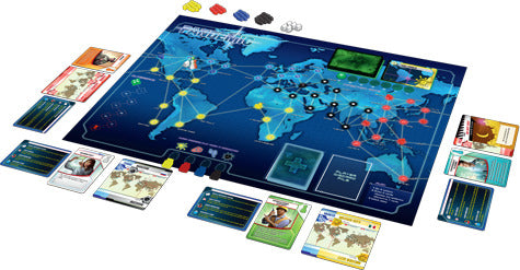 A vibrant board game setup of Pandemic by Z-Man Games. The game includes a large board featuring a world map with interconnected cities, various colored player pieces, cards depicting roles and diseases, and tokens for tracking outbreaks. Surrounding the board are components such as player boards and action cards, all designed for cooperative gameplay as players work together to stop viral outbreaks.