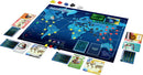 A vibrant board game setup of Pandemic by Z-Man Games. The game includes a large board featuring a world map with interconnected cities, various colored player pieces, cards depicting roles and diseases, and tokens for tracking outbreaks. Surrounding the board are components such as player boards and action cards, all designed for cooperative gameplay as players work together to stop viral outbreaks.