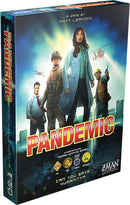 Pandemic board game by Z-Man Games, featuring a vibrant cover with four characters in various roles, set against a science-themed background. The artwork invites players to engage in a cooperative strategy as they work to save humanity from infectious diseases.