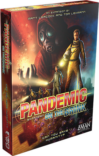 The game box of 'Pandemic: On the Brink' featuring a dramatic design with characters in protective gear against a backdrop of vibrant colors and disease icons. The box showcases a mix of suspense and teamwork essential for this strategic board game expansion made by Z-Man Games. It highlights the excitement of working together to combat outbreaks and save humanity.