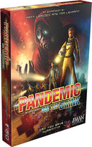 The game box of 'Pandemic: On the Brink' featuring a dramatic design with characters in protective gear against a backdrop of vibrant colors and disease icons. The box showcases a mix of suspense and teamwork essential for this strategic board game expansion made by Z-Man Games. It highlights the excitement of working together to combat outbreaks and save humanity.