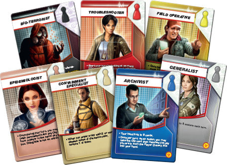 A set of character cards from the board game Pandemic: On the Brink, including Bio-Terrorist, Troubleshooter, Field Operative, Epidemiologist, Containment Specialist, Archivist, and Generalist. Each card features a unique character illustration and role description, showcasing the game's cooperative strategy theme.