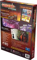 The back of the Pandemic: On the Brink game box by Z-Man Games. It features three challenges: Virulent Strain, Mutation, and Bio-Terrorist. Visual elements include descriptions of each challenge, gameplay components, and images of new roles and events. The packaging emphasizes strategic teamwork in battling diseases across the globe.
