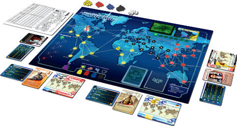 Pandemic: On the Brink game by Z-Man Games featuring a detailed game board showing a map of the world with interconnected cities, various colored cubes representing diseases, multiple player cards, and a resource management sheet. The setup is designed for cooperative gameplay as players work together to stop global outbreaks.