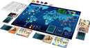 Pandemic: On the Brink game by Z-Man Games featuring a detailed game board showing a map of the world with interconnected cities, various colored cubes representing diseases, multiple player cards, and a resource management sheet. The setup is designed for cooperative gameplay as players work together to stop global outbreaks.