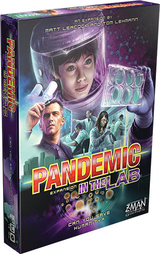Pandemic: In the Lab Expansion game box by Z-Man Games featuring vibrant artwork. The cover shows a diverse team of scientists in lab gear working together to fight a global pandemic. The title 'Pandemic: In the Lab' is prominently displayed along with the tagline 'Can you save humanity?'.