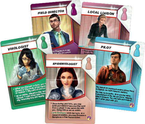 A collection of character cards from the Pandemic: In the Lab Expansion board game by Z-Man Games. The cards feature various roles including Field Director, Local Liaison, Virologist, Epidemiologist, and Pilot, each with unique abilities for cooperative gameplay. The design includes colorful graphics and game-specific instructions on the cards.