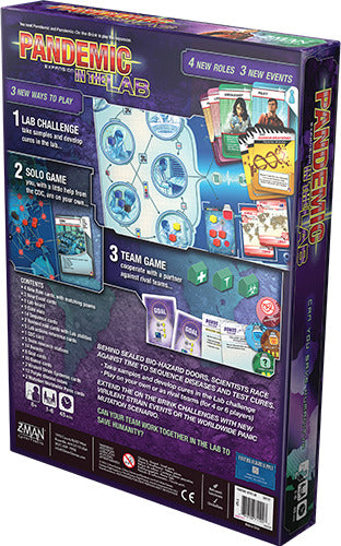 The back of the Pandemic: In the Lab Expansion game box from Z-Man Games. It features details about new roles, events, and gameplay options. Illustrations show components such as the game board, cards, and tokens highlighting the lab challenge, solo game, and team game modes.