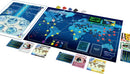 An expansive game board of Pandemic: In the Lab Expansion, featuring a detailed world map with connections between cities, colored cubes representing diseases, player cards, and lab components. The layout showcases various game pieces, including scientist and disease tokens, reinforcing collaboration and strategy in combating outbreaks.