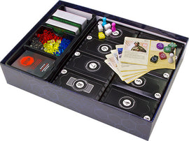 Open game box of Pandemic Legacy: Season 1 from Z-Man Games, featuring various components including character pawns, action cards, a game board, and colorful tokens. The box is neatly arranged, showcasing cards, tokens, and pieces ready for gameplay.
