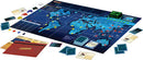 The game Pandemic Legacy: Season 1 by Z-Man Games features a colorful world map game board displaying various routes and locations. Scattered around the board are game pieces, cards, and a box. The setup includes player pieces in different colors, tokens representing diseases, and mission folders, creating an immersive cooperative gameplay experience focused on strategic planning to combat global pandemics.