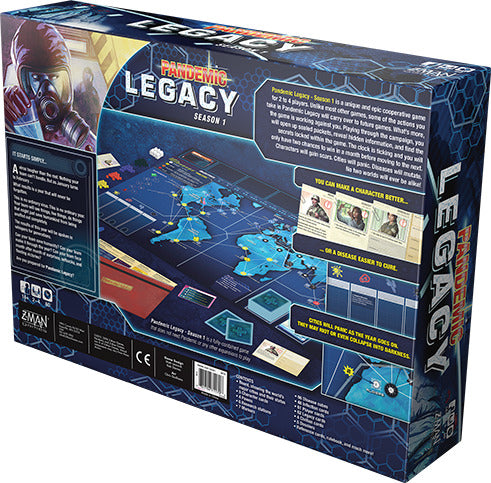 Pandemic Legacy: Season 1 board game by Z-Man Games. The back of the game box displays an overview of the components, including a world map, character cards, and game instructions. Features cooperative gameplay where players combat diseases across different regions, emphasizing strategy, teamwork, and progression through a storyline.