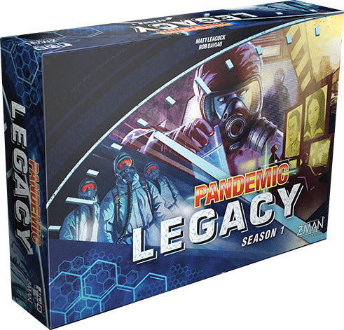 Pandemic Legacy: Season 1 board game box featuring striking graphics of characters in protective gear, emphasizing a cooperative strategy experience. The box art includes illustrations of a mysterious lab setting and hints at a storyline involving global threats and teamwork.