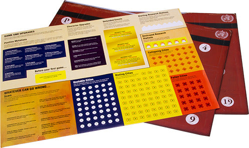 Components of the board game Pandemic Legacy: Season 1, including various game update sheets, player boards, and research tracks, showcasing the game's collaborative nature and strategic gameplay.