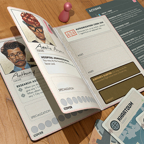 Close-up of the Pandemic Legacy: Season 0 game, featuring character profile cards, action sheets, and components spread out. The game includes a pink pawn and various mission details, emphasizing strategic planning and teamwork.