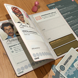 Close-up of the Pandemic Legacy: Season 0 game, featuring character profile cards, action sheets, and components spread out. The game includes a pink pawn and various mission details, emphasizing strategic planning and teamwork.
