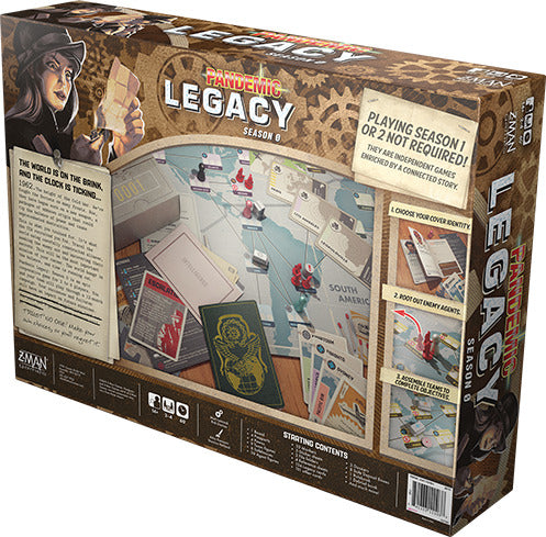 Box of the board game Pandemic Legacy: Season 0 by Z-Man. The back of the box displays gameplay elements, including a world map with character pieces and cards. It features a dramatic design with a shadowy figure holding cards, emphasizing the strategic game experience. Notes indicate compatibility with previous seasons and how to start playing.