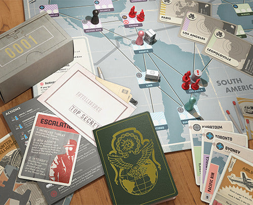 Pandemic Legacy: Season 0 board game by Z-Man. Features a detailed game board with a world map, various player pieces in red and blue, cards, and a locked box labeled '0001'. Game elements include action cards, objectives, and intelligence reports, creating a strategic and immersive gameplay experience. Perfect for fans of cooperative games.