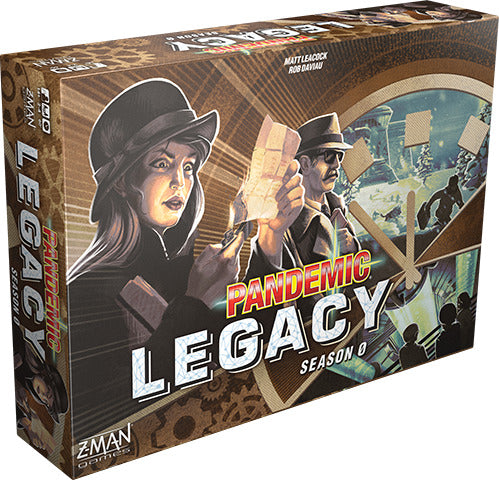 Pandemic Legacy: Season 0 board game box by Z-Man Games. The cover features a dramatic illustration of characters in a suspenseful scene, highlighting elements of strategy and cooperation. The game focuses on narrative-driven gameplay and unique mechanics, ideal for fans of immersive board games.