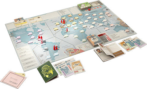 Pandemic Legacy: Season 0 board game set up on a table. The game features a colorful map of the world with red and blue player pieces placed in various locations. Cards and game components scattered around include passports and mission briefings, highlighting a strategic gameplay experience. Perfect for cooperative gaming sessions.