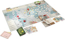 Pandemic Legacy: Season 0 board game set up on a table. The game features a colorful map of the world with red and blue player pieces placed in various locations. Cards and game components scattered around include passports and mission briefings, highlighting a strategic gameplay experience. Perfect for cooperative gaming sessions.