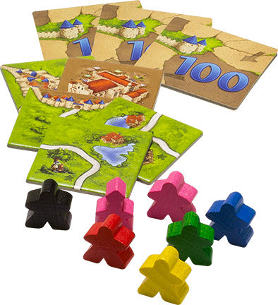Carcassonne: Expansion 1 – Inns & Cathedrals game components including landscape tiles, scoring tiles, and meeples in various colors. Ideal for enhancing your Carcassonne gameplay with new features.