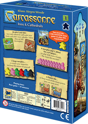 Carcassonne: Expansion 1 – Inns & Cathedrals game box by Z-Man Games. The box features vibrant artwork, includes 72 land tiles, 8 meeples, and highlights gameplay mechanics for 2-6 players. It emphasizes adding inns and cathedrals to enhance scoring opportunities in the Carcassonne board game.