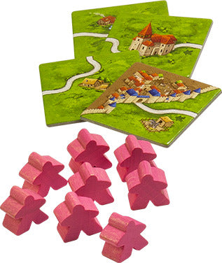 Carcassonne: Expansion 1 – Inns & Cathedrals game components including vibrant green terrain tiles depicting buildings and roads, alongside ten pink meeple pieces. Perfect for enhancing the strategy of the classic Carcassonne game.