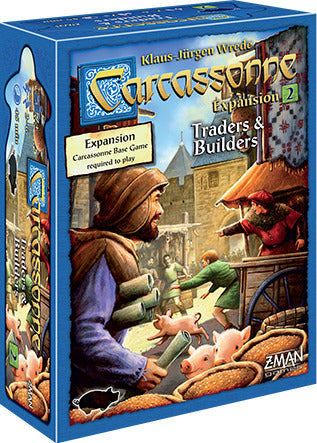 Box art of Carcassonne: Expansion 2 – Traders & Builders features vibrant illustrations of a medieval market scene with a character carrying rolled-up goods, pigs in the foreground, and buildings in the background. The box displays the game title and indicates that the Carcassonne base game is required to play, making it a perfect expansion for strategy game enthusiasts.