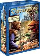Box art of Carcassonne: Expansion 2 – Traders & Builders features vibrant illustrations of a medieval market scene with a character carrying rolled-up goods, pigs in the foreground, and buildings in the background. The box displays the game title and indicates that the Carcassonne base game is required to play, making it a perfect expansion for strategy game enthusiasts.