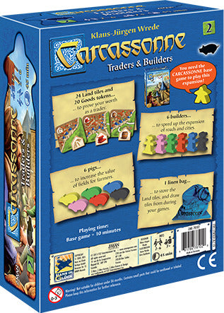 Carcassonne: Expansion 2 – Traders & Builders game box featuring colorful artwork and components. The back of the box displays information about the game, including the number of land tiles, goods tokens, and gameplay mechanics. Intricate designs and illustrations highlight the theme of trade and building in the popular Carcassonne board game series.