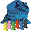 Carcassonne: Expansion 2 – Traders & Builders game components feature a blue drawstring bag with the Carcassonne logo and six colorful meeples in pink, green, red, orange, black, and yellow. Ideal for enhancing your Carcassonne gameplay.