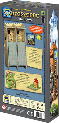Carcassonne: Expansion 4 – The Tower game box featuring a detailed design of the tower structure, gameplay information, and colorful illustrations. The back of the box displays the expanded game features, including player tokens and the new tower mechanics, enhancing the classic Carcassonne experience.