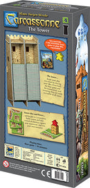 Carcassonne: Expansion 4 – The Tower game box featuring a detailed design of the tower structure, gameplay information, and colorful illustrations. The back of the box displays the expanded game features, including player tokens and the new tower mechanics, enhancing the classic Carcassonne experience.